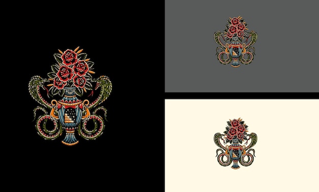 Rode bloemen emmer en cobra vector plat ontwerp