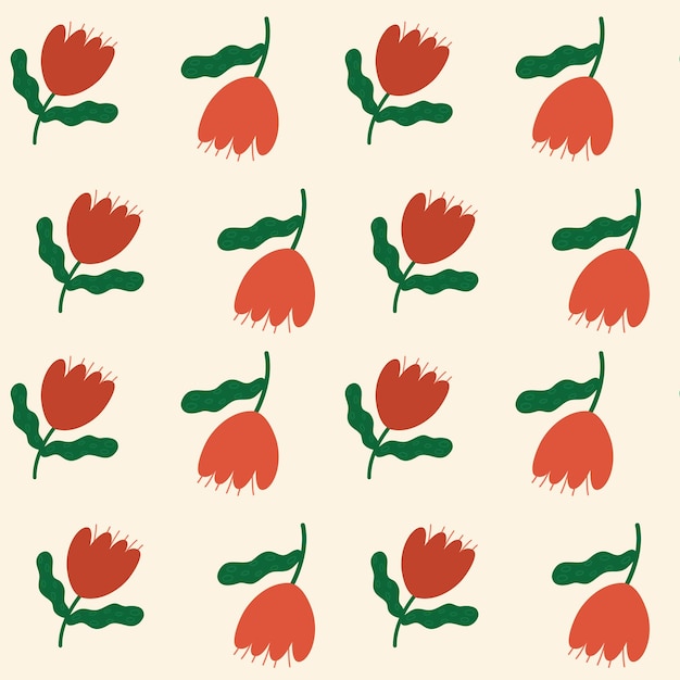 Rode bloemen geïsoleerd op beige achtergrond met de hand getekende tulp bloemloze naadloos patroon vector