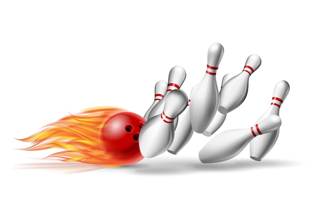 Rode brandende bowlingbal in vlammen die tegen de pinnen botst Illustratie van bowling strike