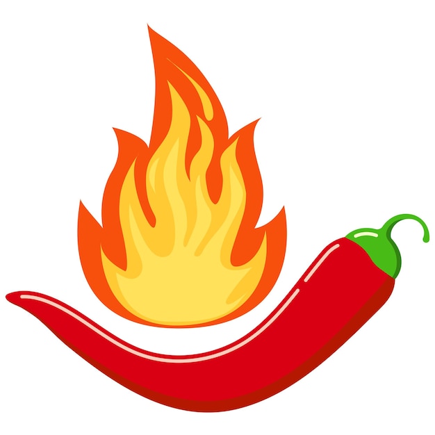 Rode chili peper in hete gebrande vuur vlam pictogram geïsoleerd op een witte achtergrond. Platte ontwerp cartoon stijl verse rijpe biologische groente logo vectorillustratie. Pittige hete chili peper branden voedsel concept