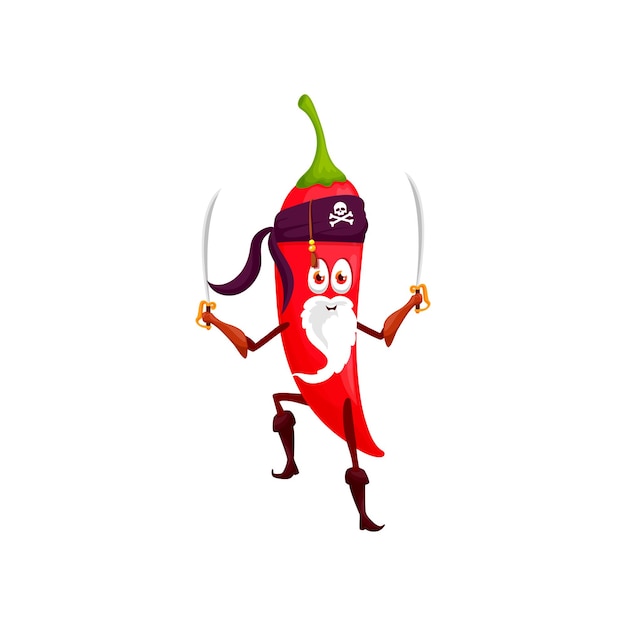 Rode chili peper veggie piraat zeerover grappige stripfiguur in bandana met zwaarden geïsoleerd vector speelse corsair bebaarde groente kinderen kinderen emoji in laarzen en bandana pittig eten