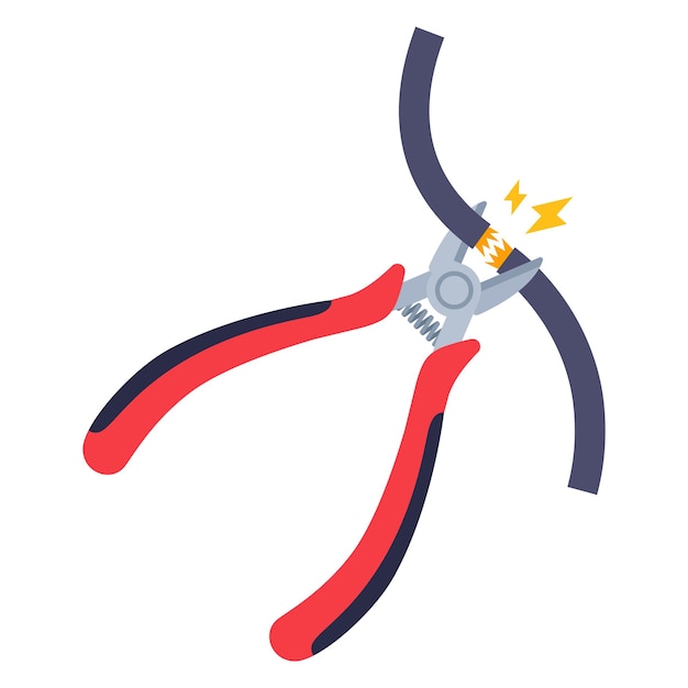 Rode draadknippers snijden de elektrische kabel door. platte vectorillustratie.