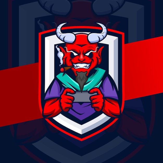 Rode duivel gamer mascotte karakter esport logo ontwerp met gameconsole en sigaret