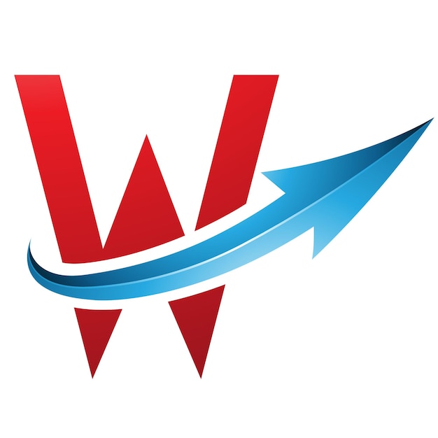 Vector rode en blauwe futuristische letter w-icoon met een glanzende pijl op een witte achtergrond