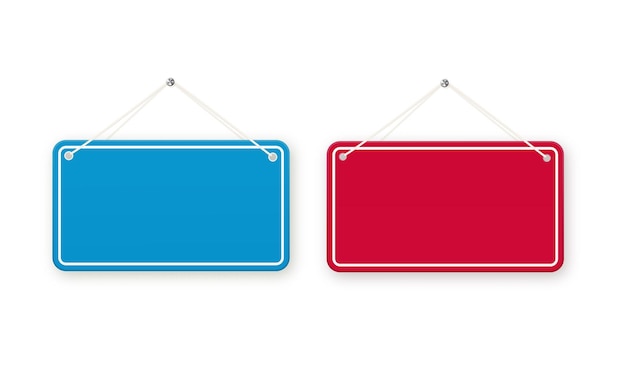Rode en blauwe winkeldeurschilderingen hangen geïsoleerd leeg of leeg teken voor winkel, restaurant of café