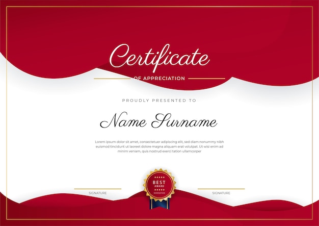 Rode en gouden certificaat van prestatie grenssjabloon met luxe badge en modern lijnpatroon Voor zakelijke en onderwijsbehoeften