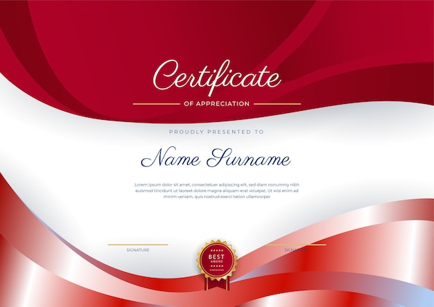 Rode en gouden certificaat van prestatie grenssjabloon met luxe badge en modern lijnpatroon Voor zakelijke en onderwijsbehoeften