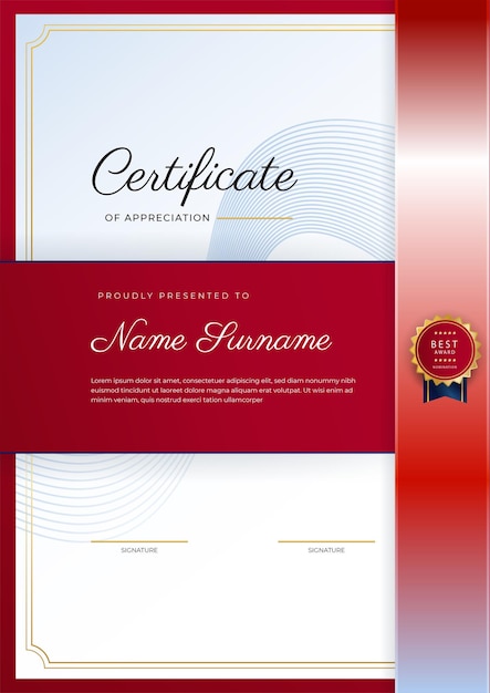 Rode en gouden certificaat van prestatie grenssjabloon met luxe badge en modern lijnpatroon voor zakelijke en onderwijsbehoeften