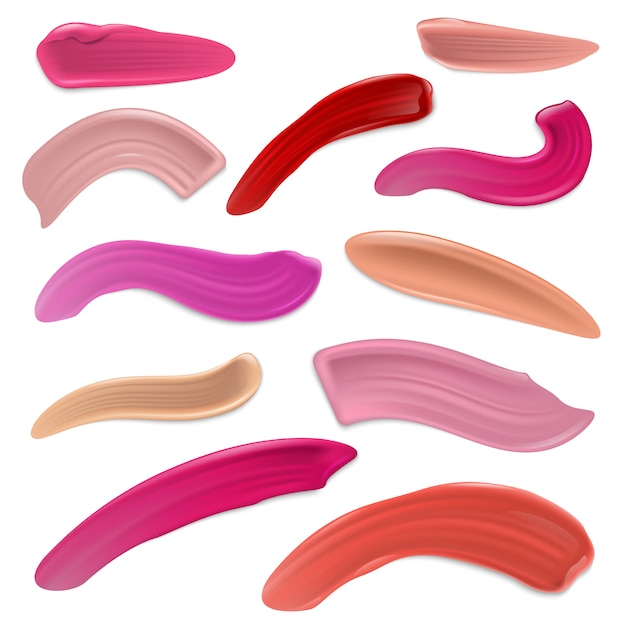 Rode en roze lippenstift uitstrijkjes, schoonheid make-up lip crème slagen vector set geïsoleerd