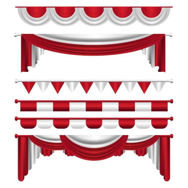 Rode en witte gordijndecoratie met realistisch ontwerp, het thema van de Indonesische onafhankelijkheidsdag 17