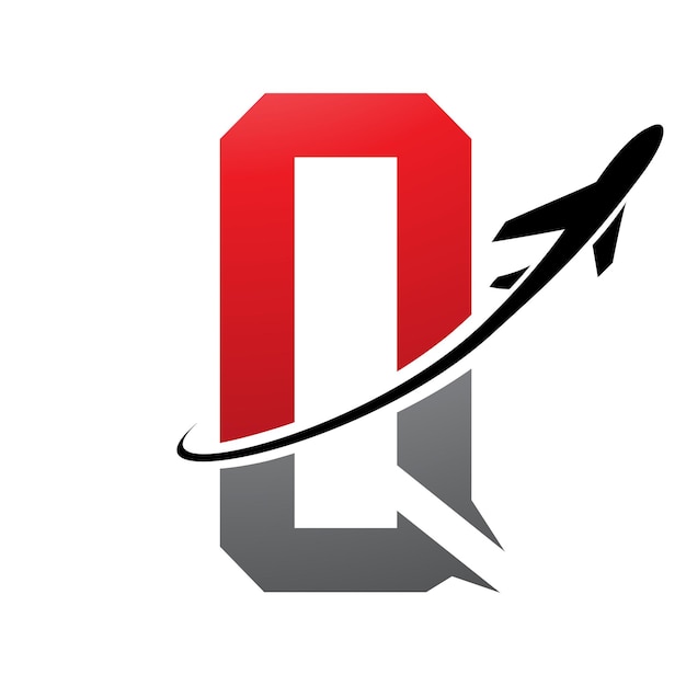 Rode en zwarte futuristische letter Q-icoon met een vliegtuig op een witte achtergrond