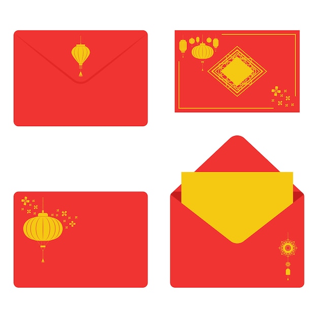 Rode enveloppen met lantaarns vector set voor chinees nieuwjaar geïsoleerd op een witte