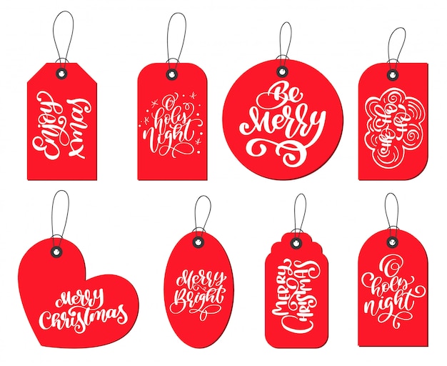 Rode etiketten tags collectie met kalligrafie belettering kerst citaten