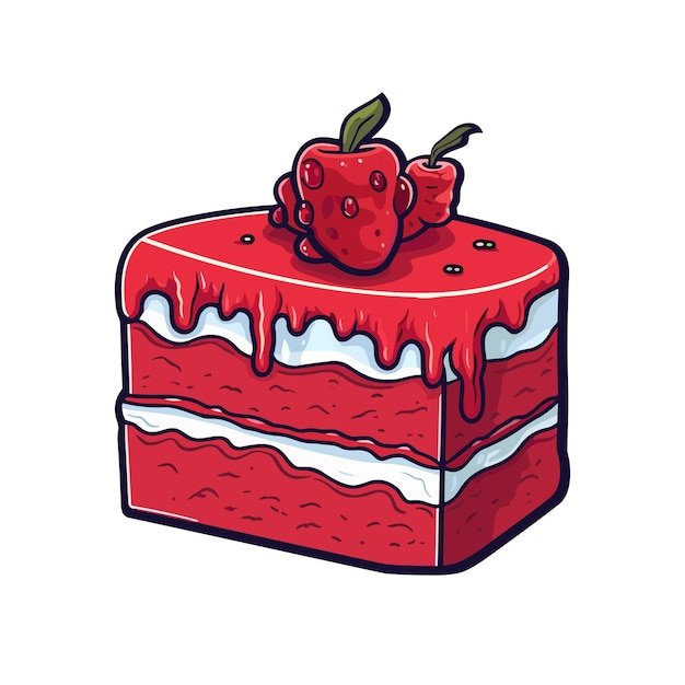 Rode fluweel taart sticker koele kleuren en kawaii clipart illustratie