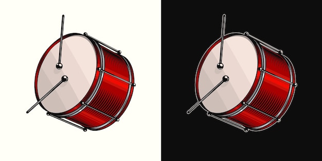 Vector rode glanzende trommel met drumsticks traditioneel percussie muziekinstrument voor carnaval show vakantie zijaanzicht