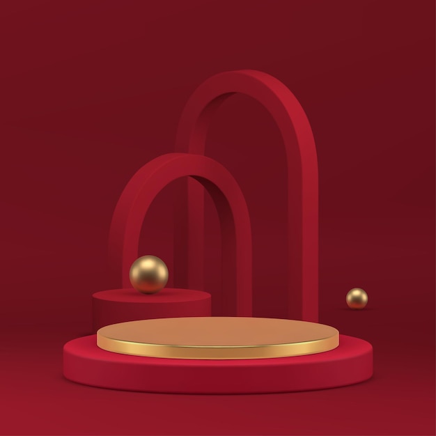 Rode gouden 3D podium voetstuk luxe geometrische podium voor presentatie realistische vector