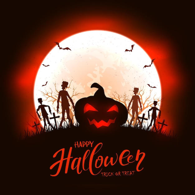 Vector rode halloween-achtergrond met pompoen en zombies