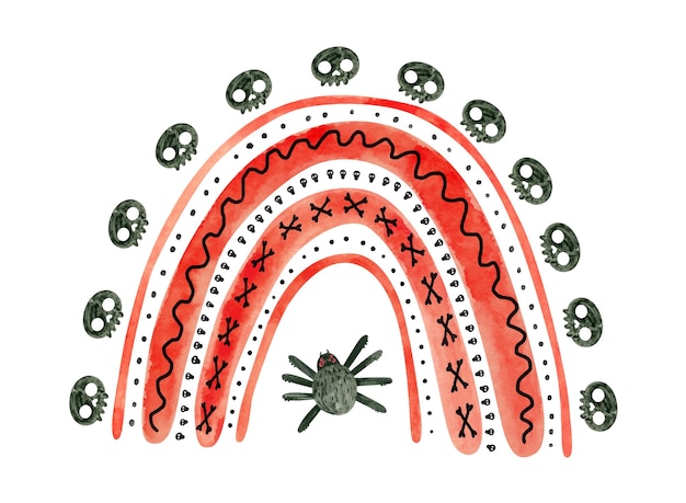 Rode Halloween-regenboog met spinnen en schedels. Leuke aquarel illustratie voor kinderen Halloween.