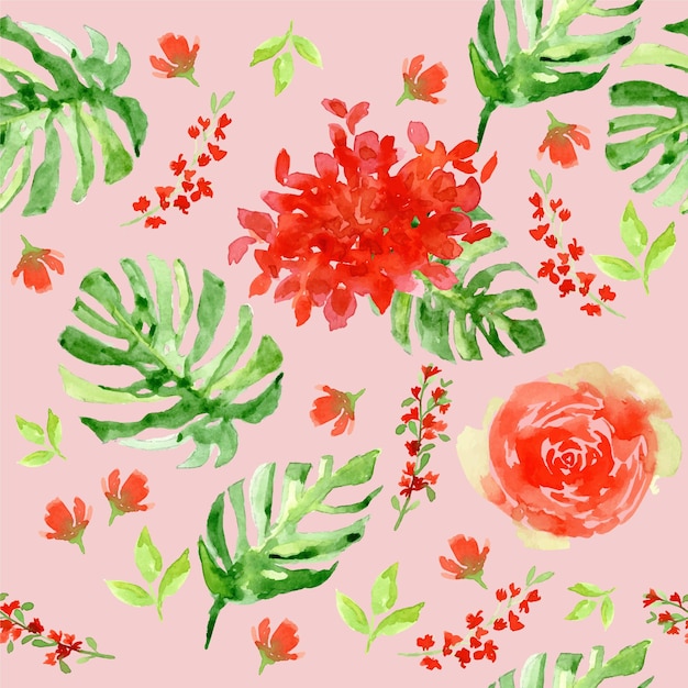 Rode hortensia met monstera laat naadloze patroon aquarel premium vector