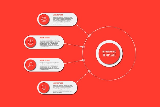Rode infographic diagramsjabloon met vier ronde elementen en marketingpictogrammen op rode knoppen