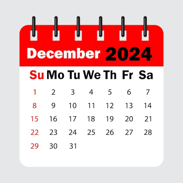 Rode kalenderbladveer. Kalender december 2024. Kalenderblad met dagen van de week.