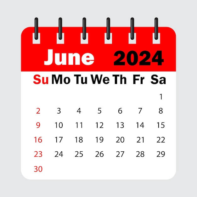 Rode kalenderbladveer. Kalender juni 2024. Kalenderblad met dagen van de week.
