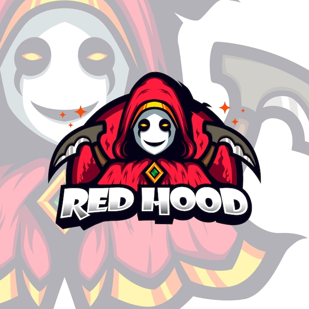 Rode kap glimlachend grimm reaper hoofd vector mascotte