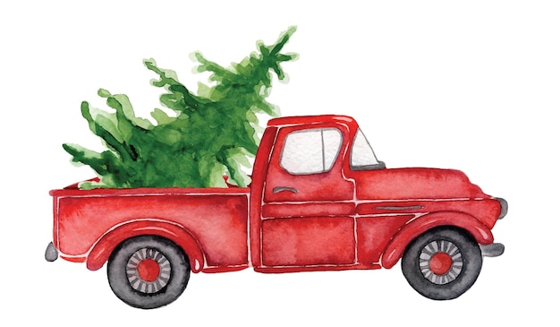 Rode kerst vrachtwagen met pijnbomen Nieuwjaar handgetekende aquarel illustratie