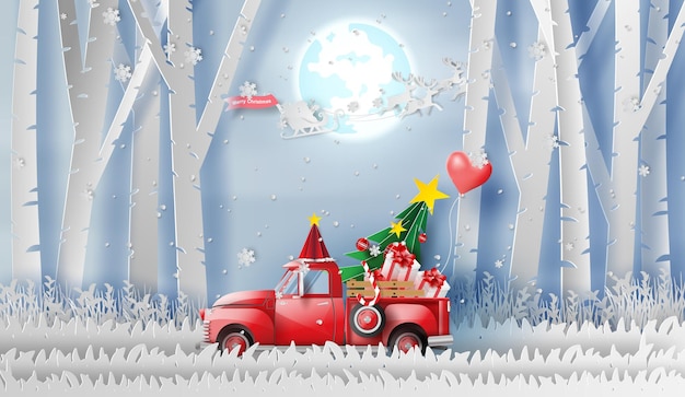 Rode klassieke pick-up truck auto door winterseizoen bos Gelukkig nieuwjaar en prettige kerstdag