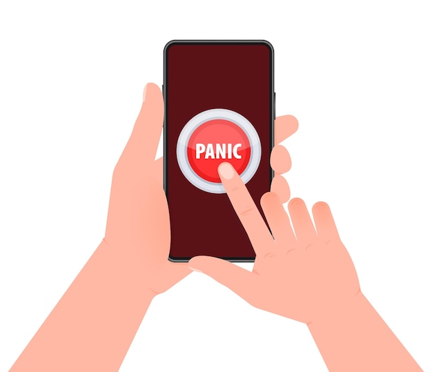 Vector rode knop met helptekst paniek hand indrukken van de paniekknop op het scherm van de smartphone