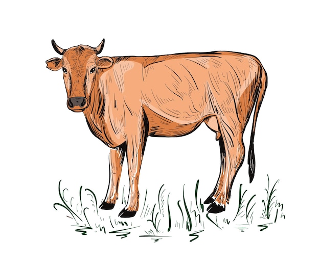 Vector rode koe grazen in de weidelandbouwvee vectorillustratie