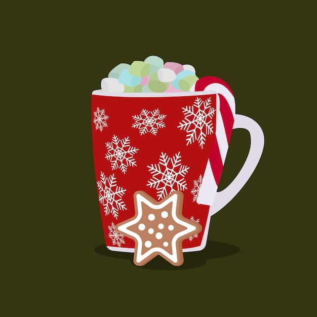 Rode kop met marshmallow en snoep. kerst illustratie. Vector