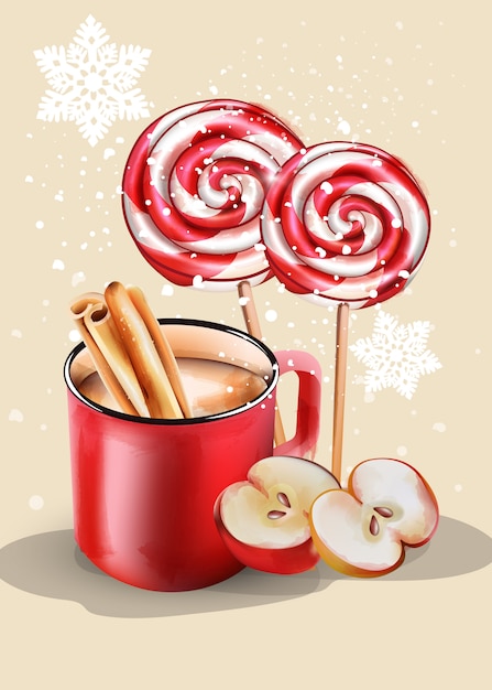 Rode kop met warme chocolademelk en kerst ornamenten