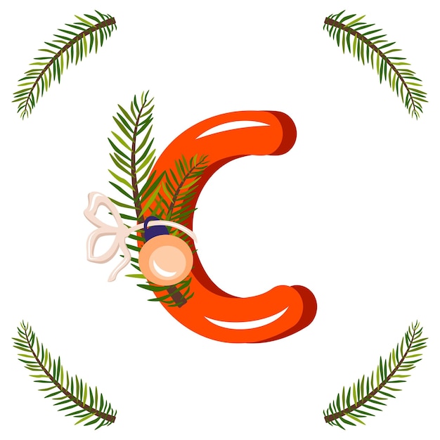 Rode letter c met groene kerstboomtak, bal met strik. feestelijk lettertype voor gelukkig nieuwjaar en helder alfabet