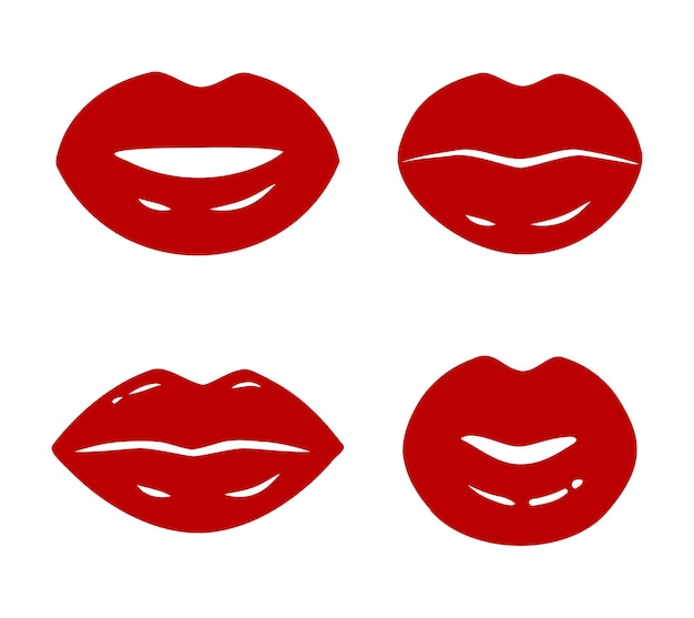 Rode lippen vector icon set geïsoleerd op witte achtergrond vrouwen mond rode kus silhouet vorm mode glamour illustratie