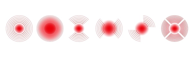 Rode monitorsignaaldetectiegolven Puls- of ruissymbolen Luidsprekergeluid radarsignalering of doel Digitale sonar vectorpictogrammen Pijnrimpelpulsen van rood doel zoeken en detecteren illustratie