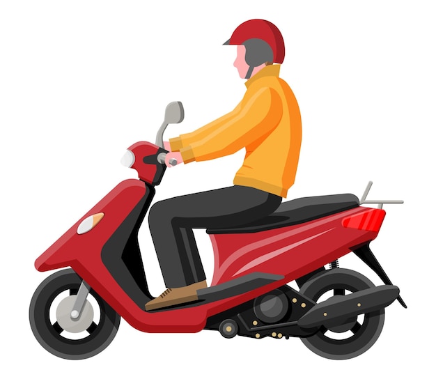 Rode motor scooter met chauffeur in helm geïsoleerd op wit. Stedelijk voertuig, stadsvervoer. Moderne motor. Cartoon platte vectorillustratie.
