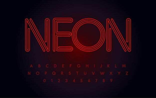 Rode neon lettertype gloeiende buis letters en cijfers set overzicht contour alfabet modern nachtleven type