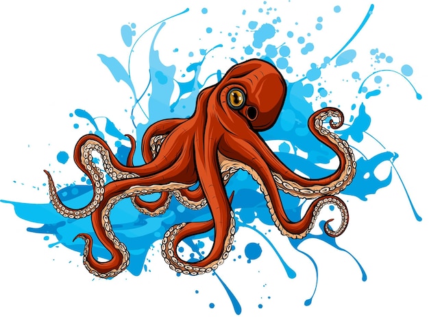 Rode octopus stripfiguur met golf vectorillustratie