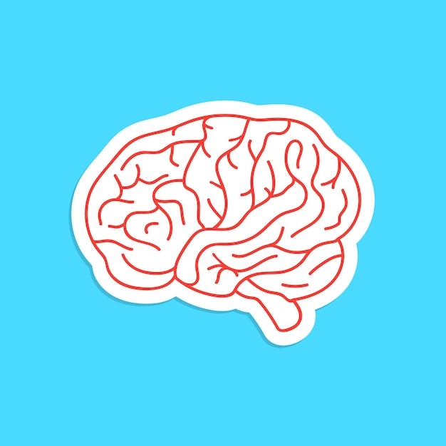 Rode omtrek hersenen pictogram sticker. concept van denken, artwork, succes, brainstormen, nerveus, psychologie, cerebraal. geïsoleerd op blauwe achtergrond. vlakke stijl moderne logo ontwerp vectorillustratie