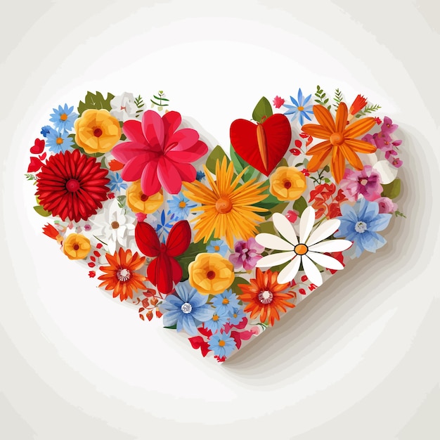 Rode papieren harten en kleurrijke bloemen verzameld in de vorm van een hart op een houten bord