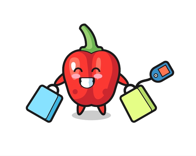 Rode paprika mascotte cartoon met een boodschappentas