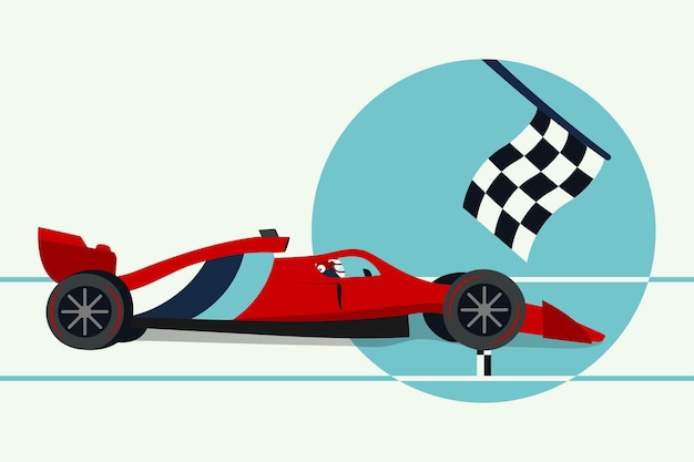 Vector rode racewagen wint een formule 1-race zijaanzicht van een snelle auto met strepen geruite vlag en finish