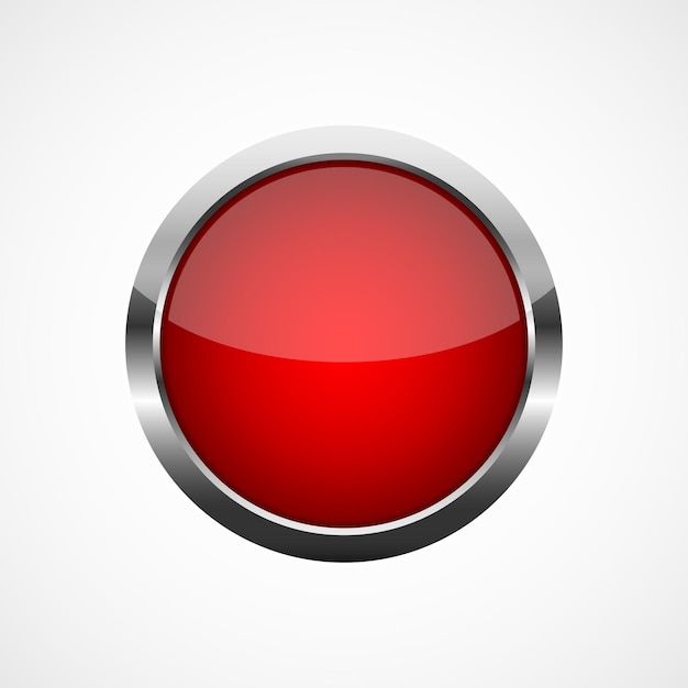 Vector rode ronde knop met een metalen frame. vector illustratie. ronde knop geïsoleerd op een witte achtergrond.