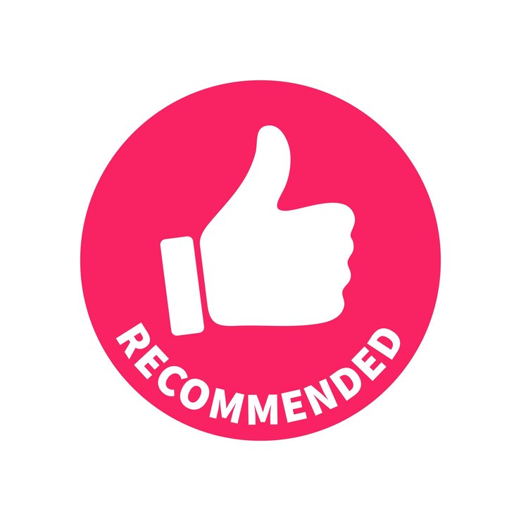 Vector rode ronde tagbanner - aanbevolen. vectorteken met omhoog duim en tekst ingeschreven in cirkelvorm. klaar conceptontwerpelement voor gebruik in marketing, reclame, print en web.