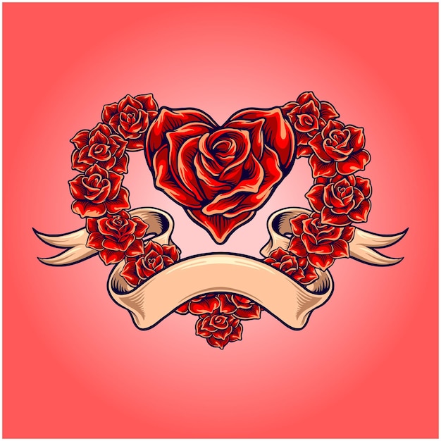 Rode roos bloeit liefdesvorm met vintage lint Vectorillustraties voor uw werk Logo mascotte