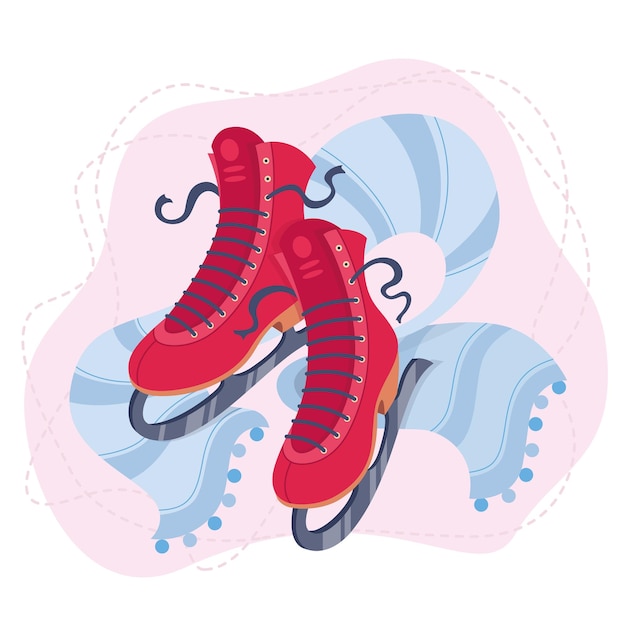 Rode schaatsen en de blauwe pompon sjaal Kerstdecor Vector illustratie