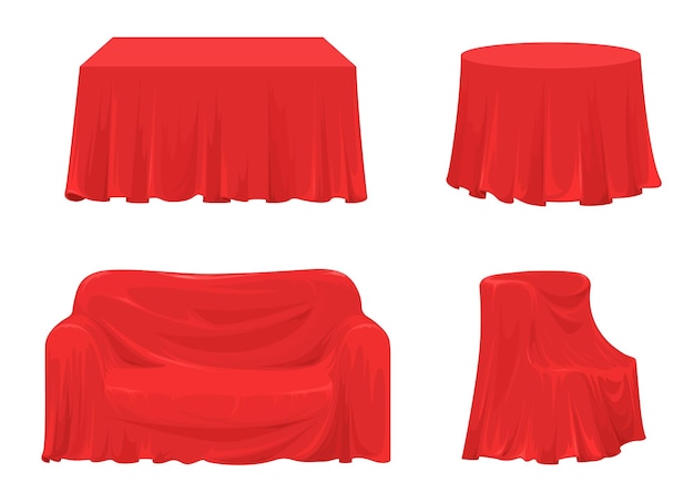 Vector rode stoffen gordijnen die verschillende soorten meubels bedekken