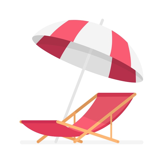 Rode strandstoel en parasol. Vector illustratie.