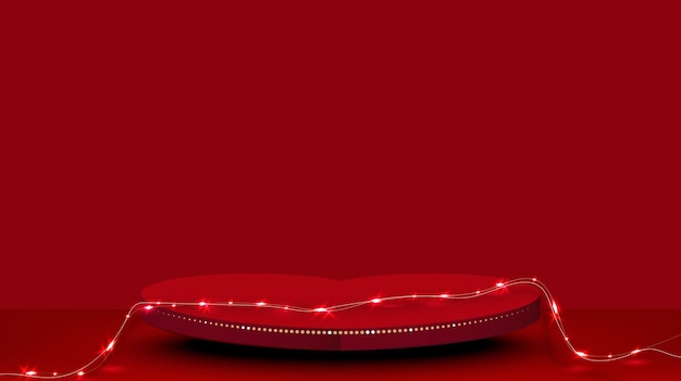 Rode studio achtergrond met hart voetstuk en licht decoratief voor product display